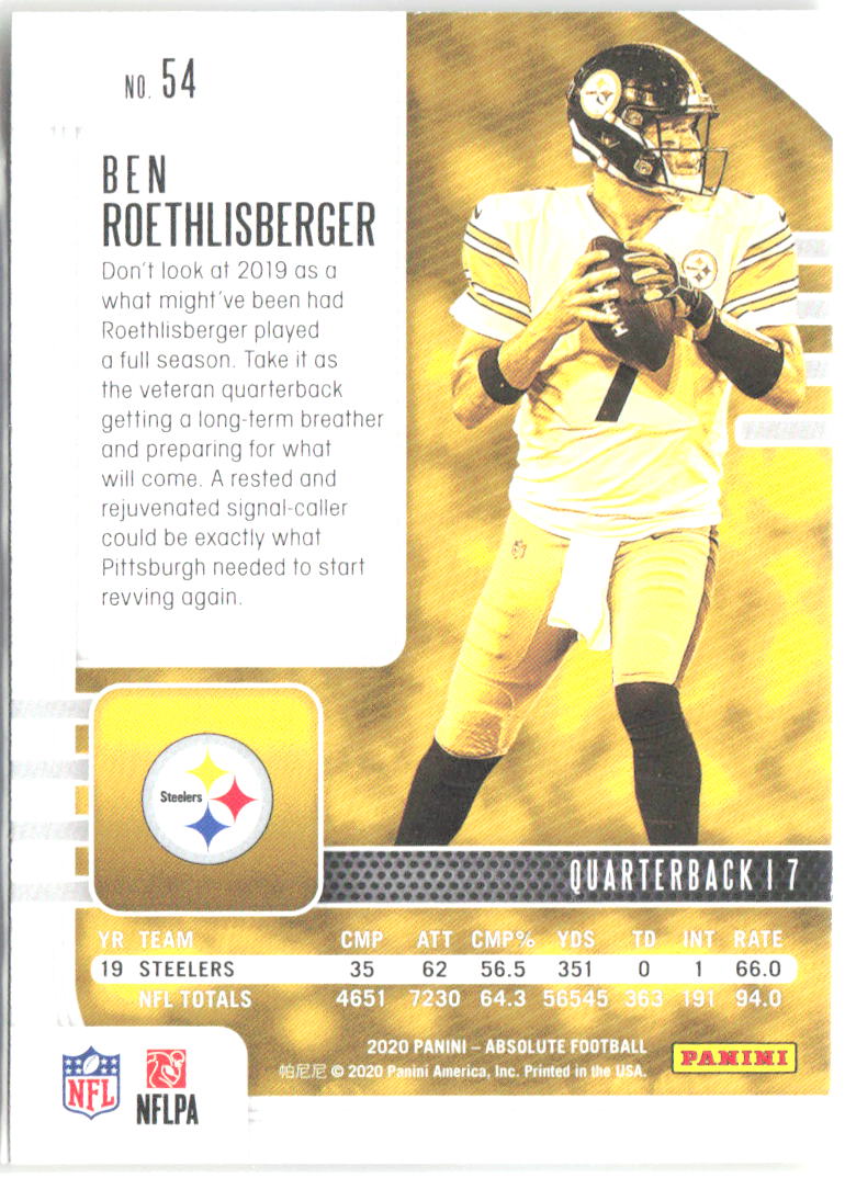 Ben Roethlisberger Panini Absolute - Yellow 54 2020 Pittsburgh Steelers