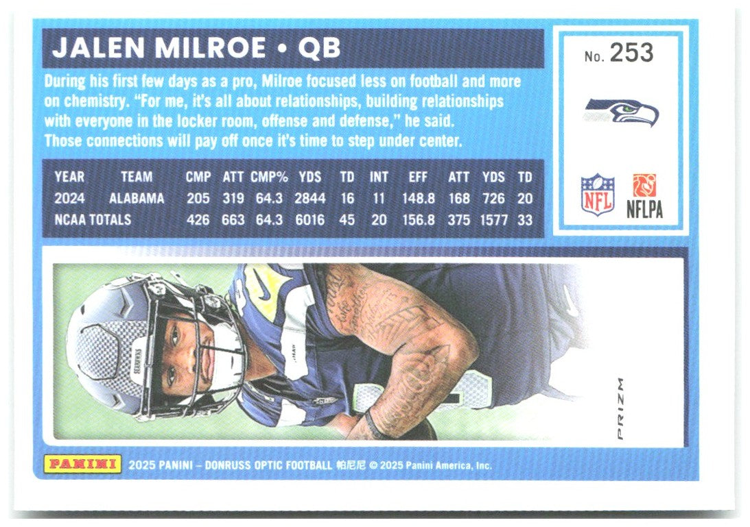 Jalen Milroe Donruss Optic - Green Velocity 253 2025 Seattle Seahawks