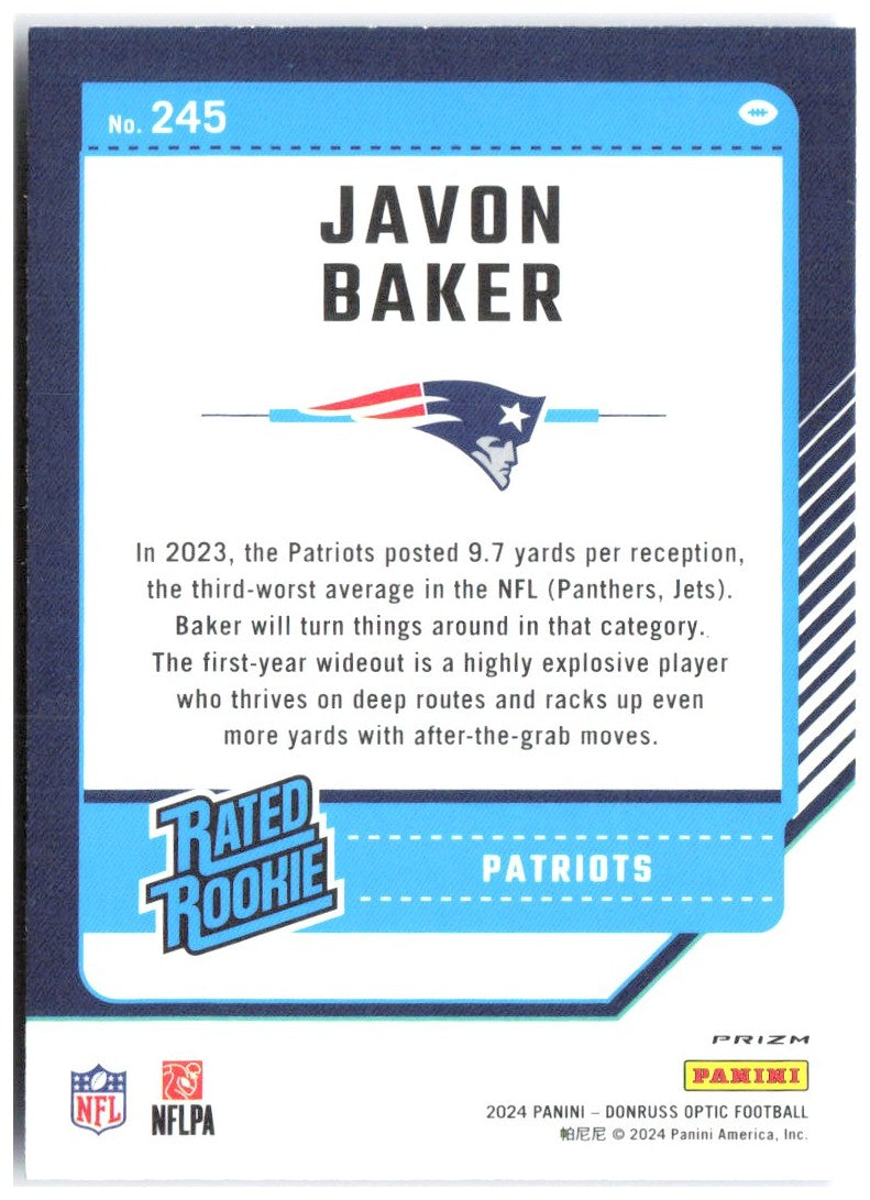 Javon Baker Donruss Optic - Blue Hyper 245 2024 New England Patriots