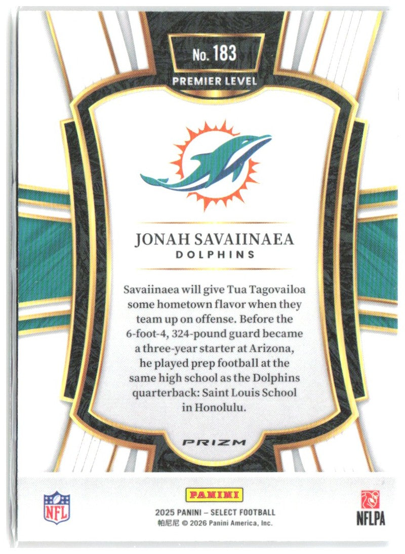 Jonah Savaiinaea Select - Black and Gold Prizm Shock 183 2025 Miami Dolphins