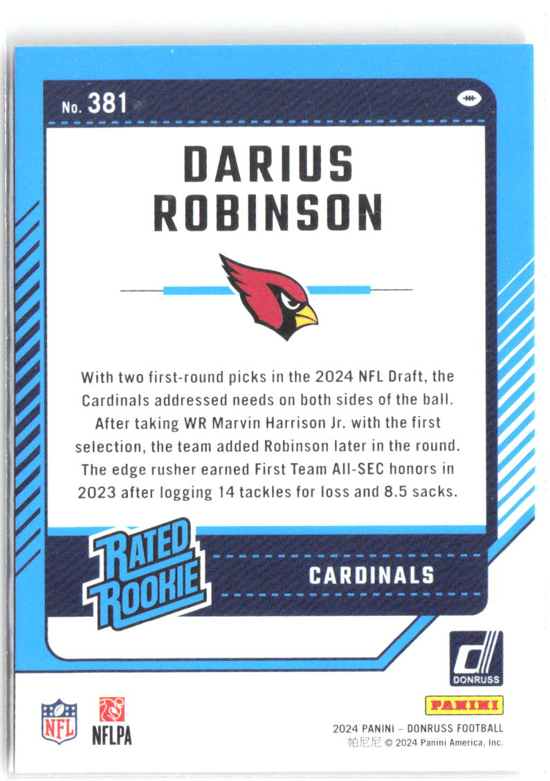 Darius Robinson Donruss - Press Proof Red 381 2024 Arizona Cardinals
