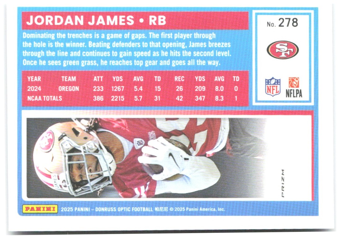 Jordan James Donruss Optic - Purple Shock 278 2025 San Francisco 49ers
