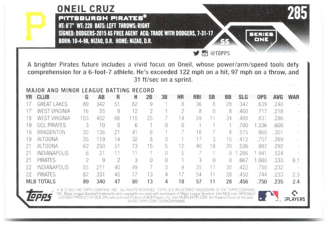 Oneil Cruz Topps 285 2023 Pittsburgh Pirates