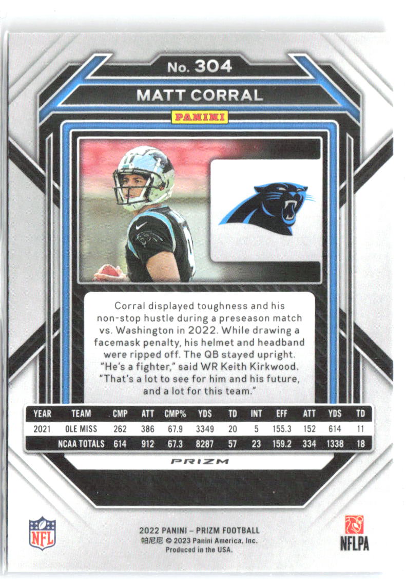 Matt Corral Panini Prizm - Red White and Blue 304 2022 Carolina Panthers