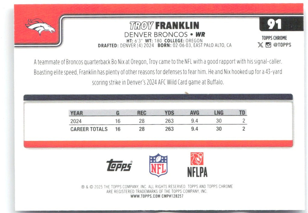 Troy Franklin Topps Chrome - Pulsar Refractor 91 2025 Denver Broncos