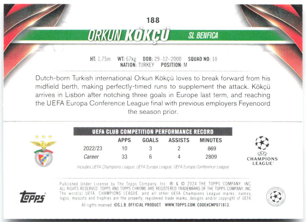 Orkun Kökçü Topps Chrome UEFA Club Competitions 188 2023-24 Benfica