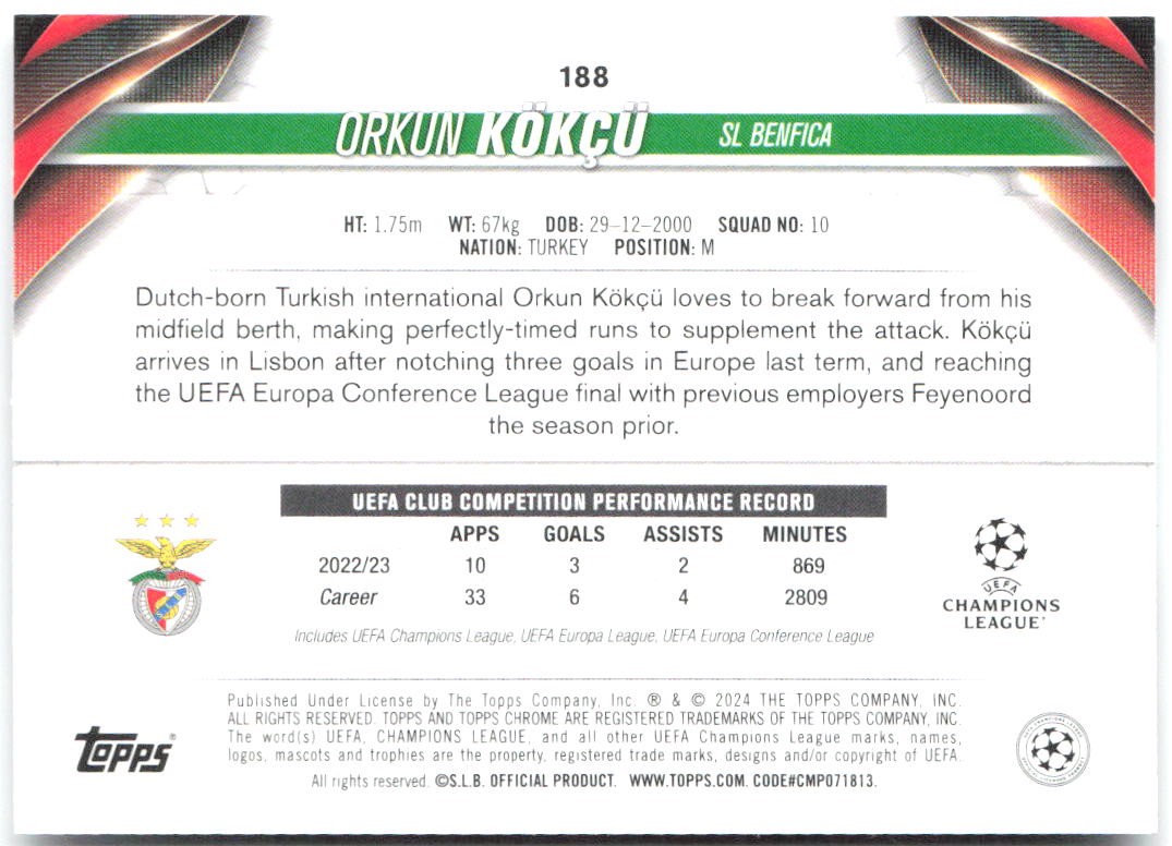 Orkun Kökçü Topps Chrome UEFA Club Competitions 188 2023-24 Benfica