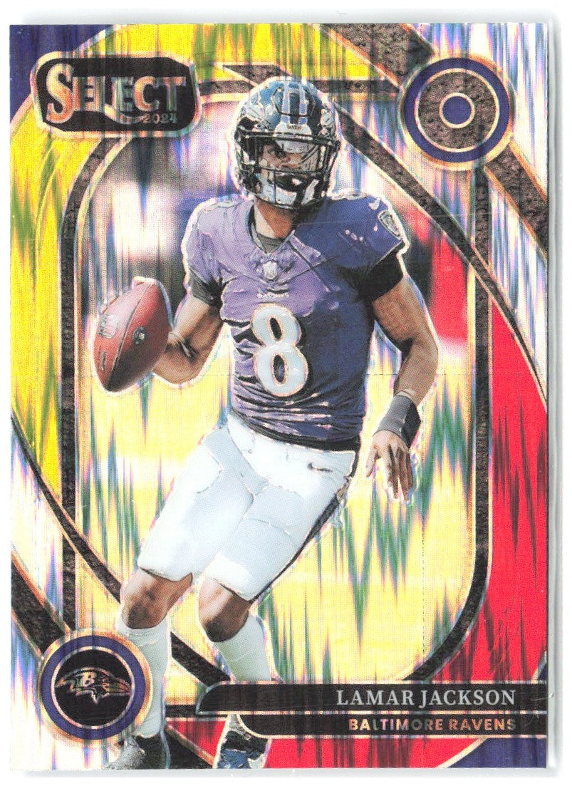 Lamar Jackson Panini Select - Red & Yellow Prizm Shock 227 2024 Baltimore Ravens