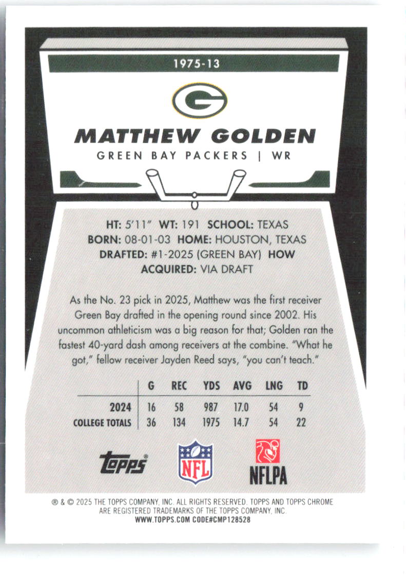 Matthew Golden Topps Chrome - 1975 Topps 1975-13 2025 Green Bay Packers