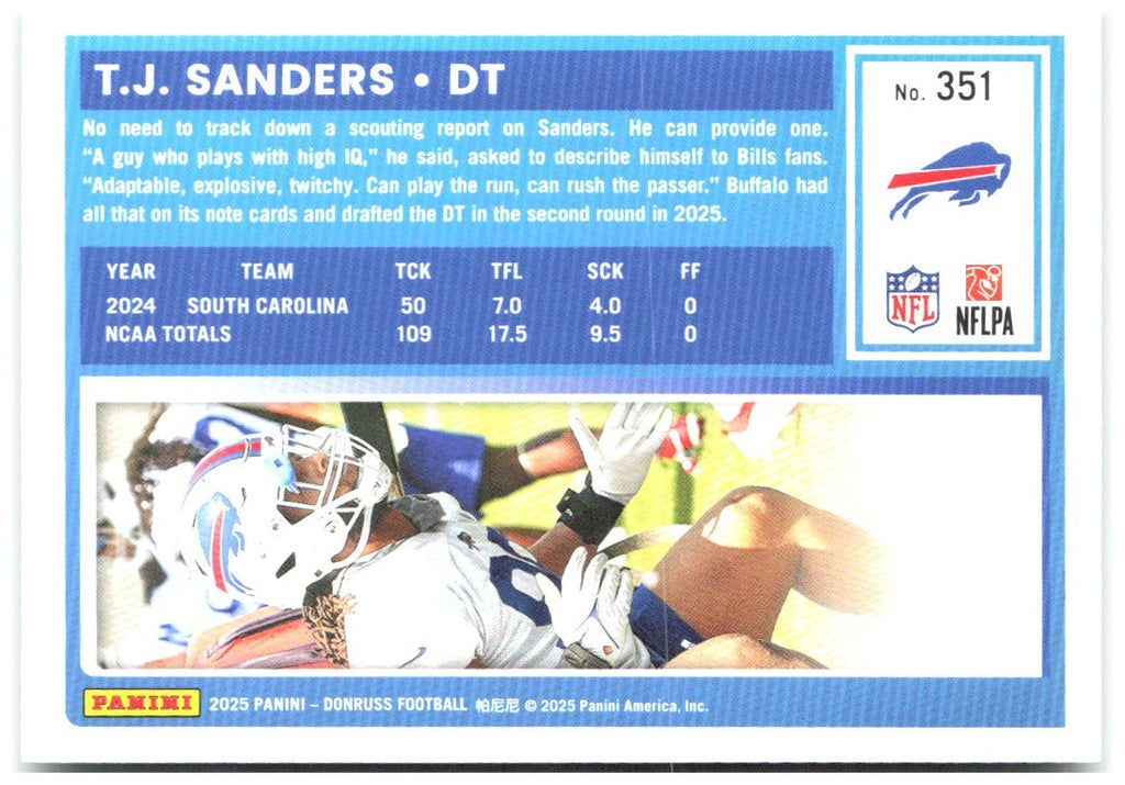 T.J. Sanders Donruss - Press Proofs Green 351 2025 Buffalo Bills
