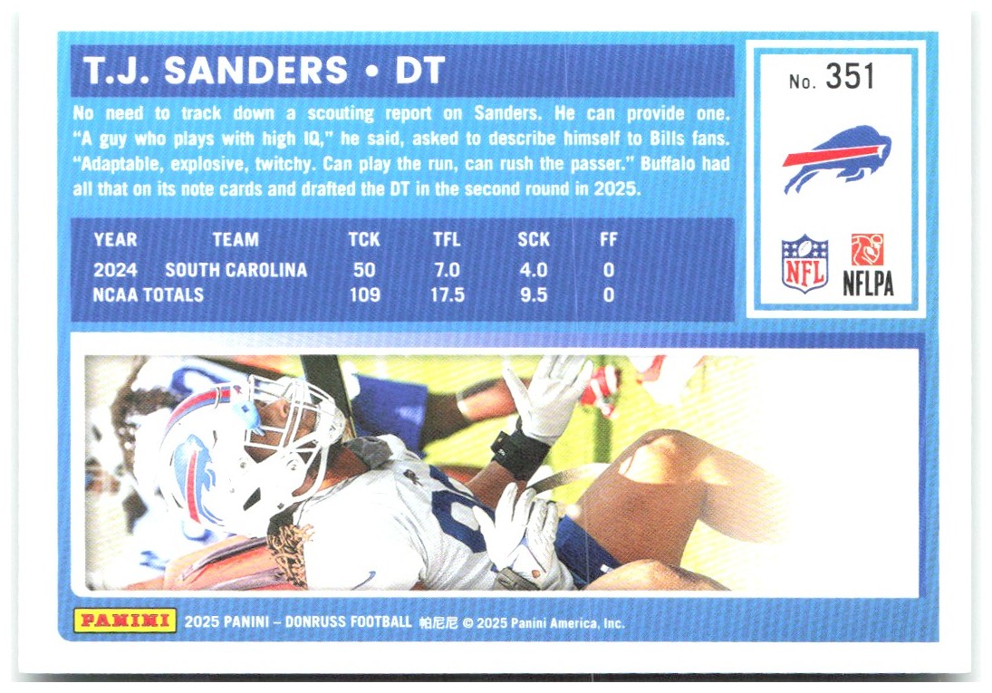 T.J. Sanders Donruss - Press Proofs Green 351 2025 Buffalo Bills