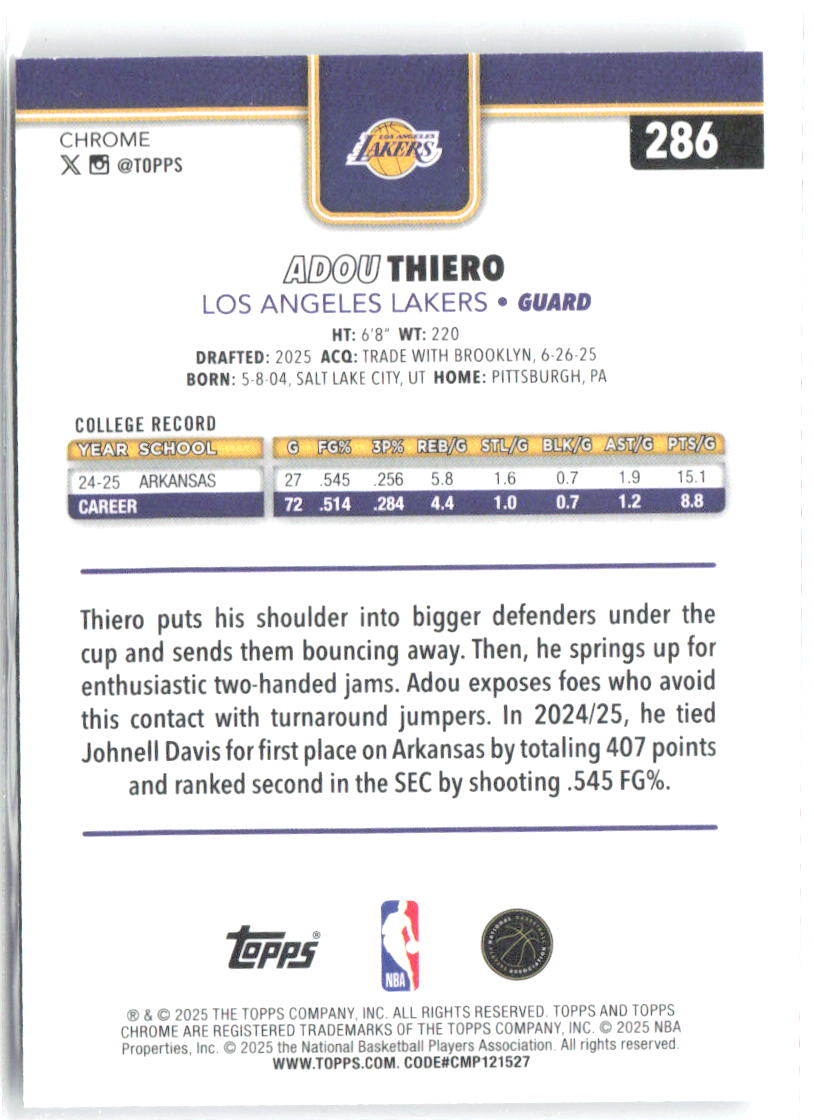 Adou Thiero Topps Chrome 286 2025-26 Los Angeles Lakers RC