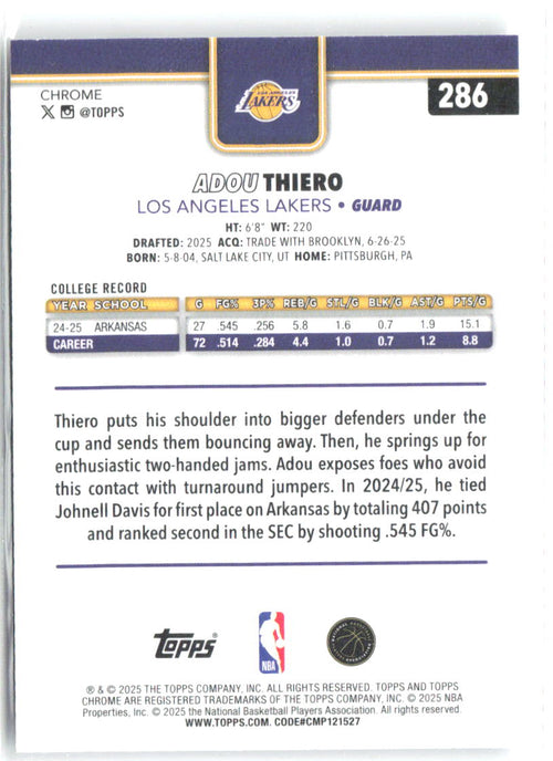 Adou Thiero Topps Chrome 286 2025-26 Los Angeles Lakers RC