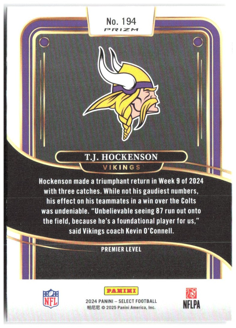 T.J. Hockenson Panini Select Red & Yellow Prizm Shock 194 2024 Minnesota Vikings
