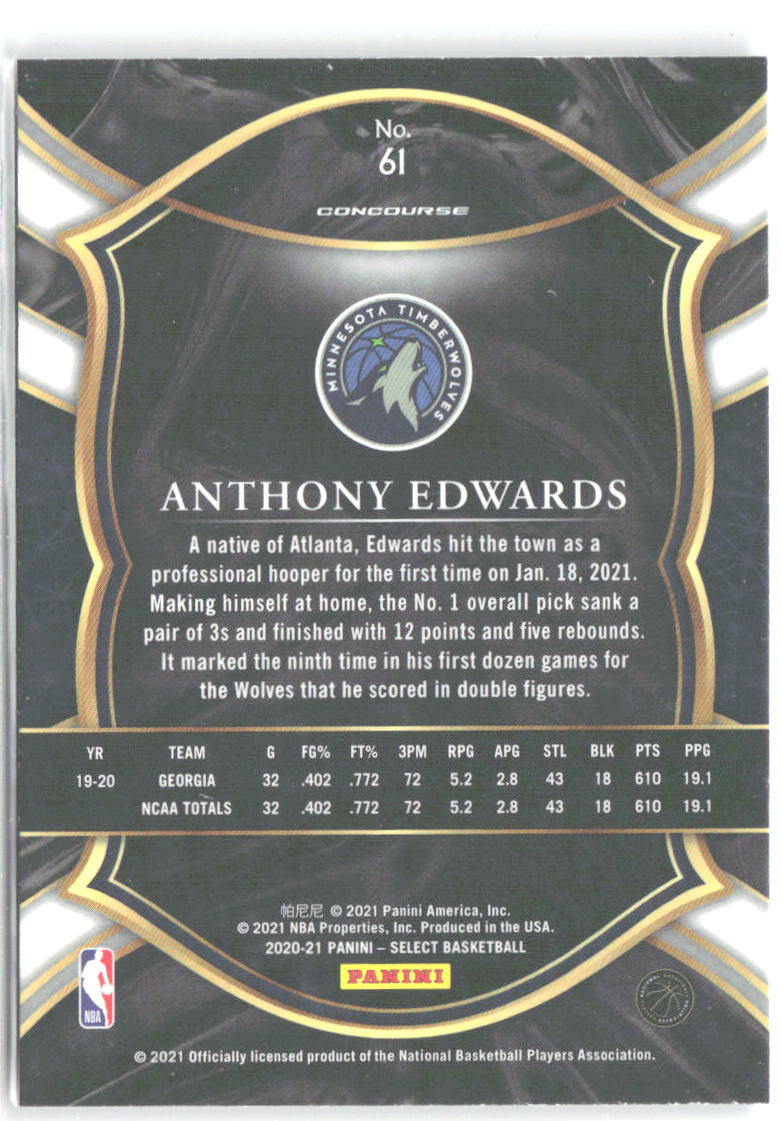 Anthony Edwards Panini Select - Blue 61 2020-21 Minnesota Timberwolves