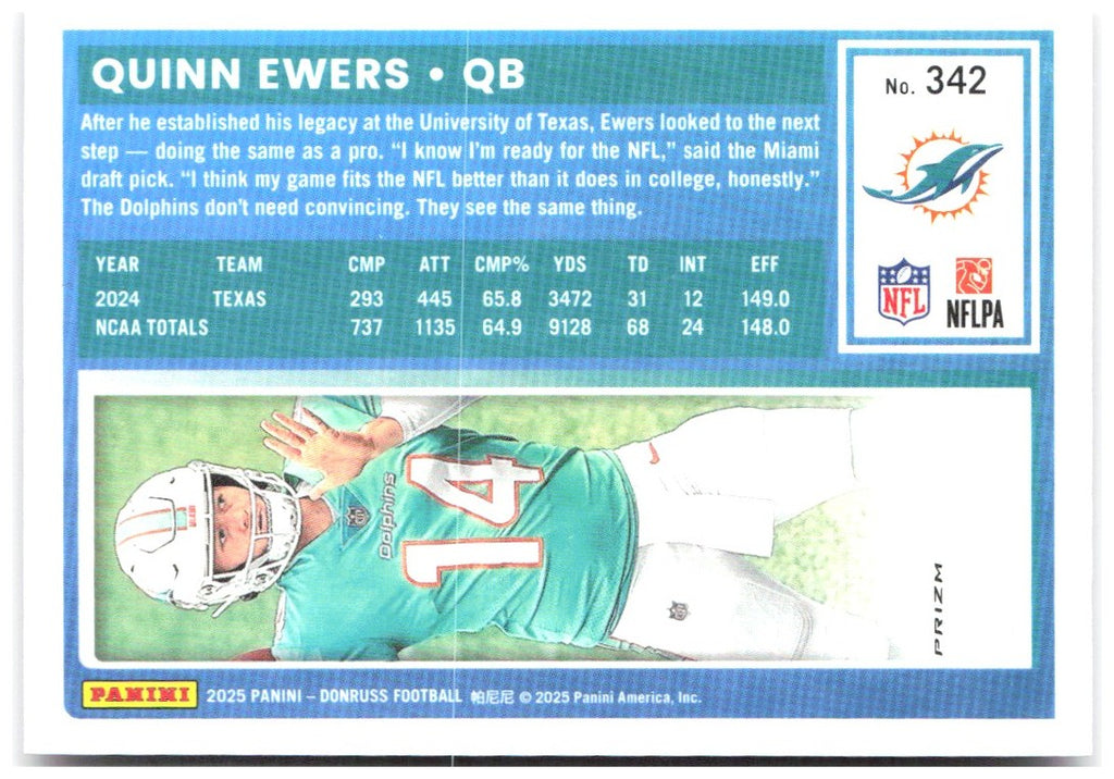 Quinn Ewers Donruss - Optic Rated Rookies Preview Pink 342 2025 Miami Dolphins