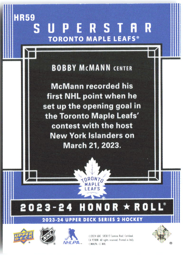 Bobby McMann Upper Deck - Honor Roll HR59 2023-24 Toronto Maple Leafs
