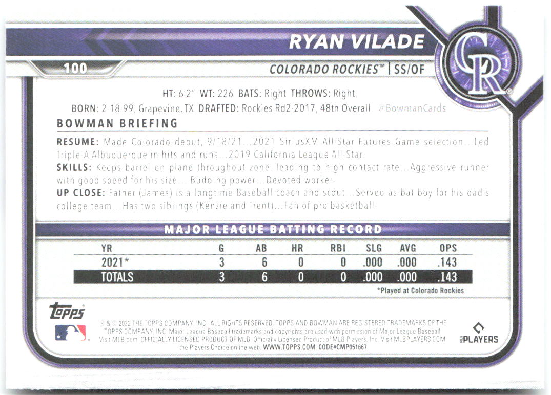 Ryan Vilade Bowman 100 2022 Colorado Rockies RC
