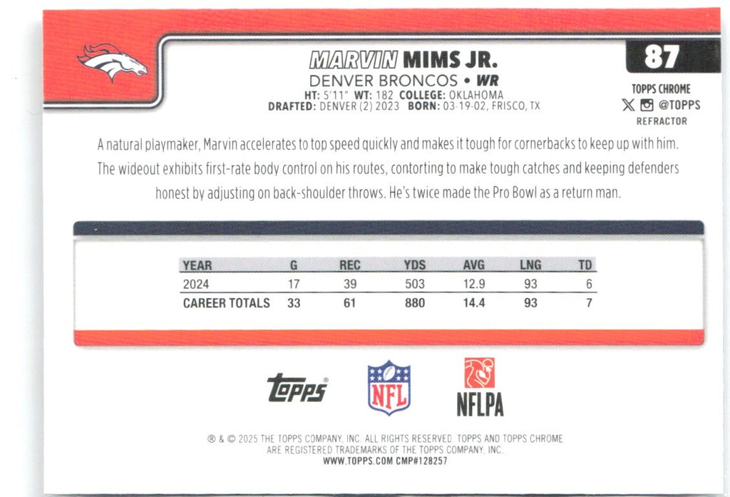 Marvin Mims Jr. Topps Chrome - Refractor 87 2025 Denver Broncos