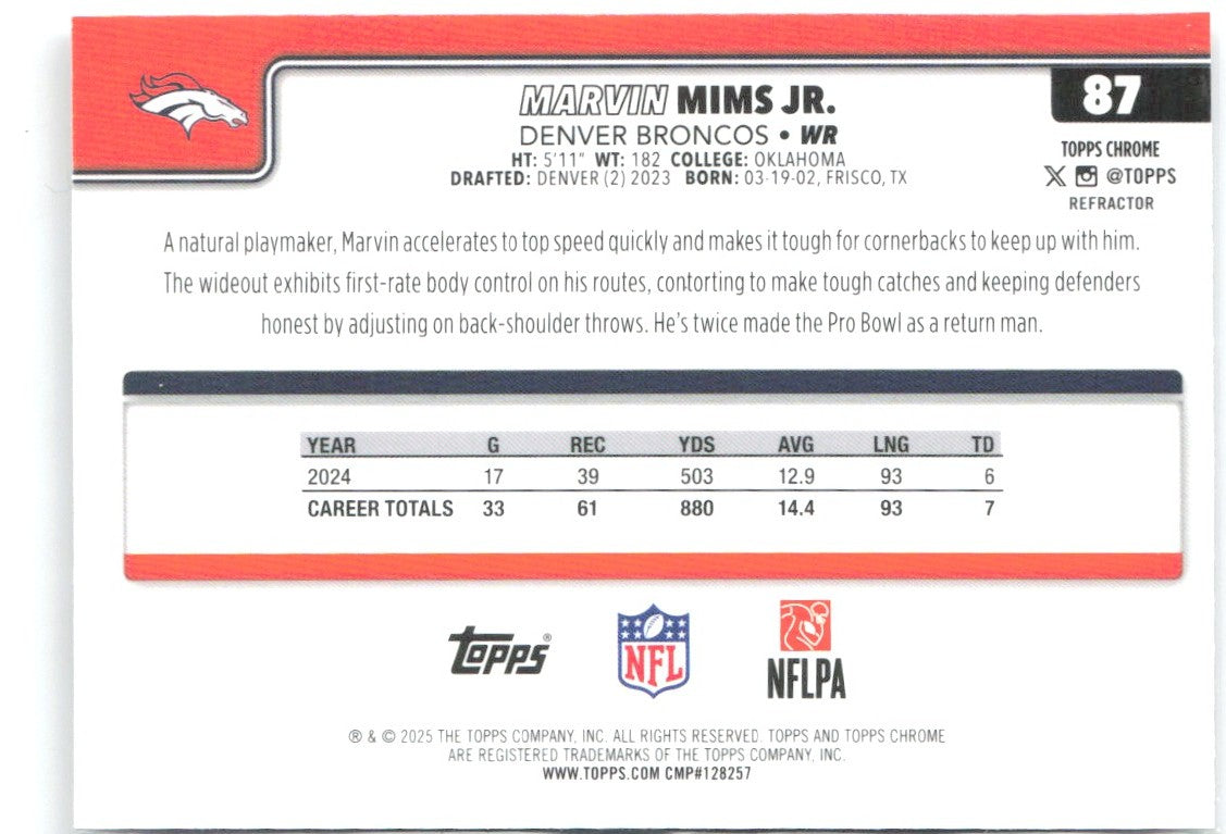 Marvin Mims Jr. Topps Chrome - Refractor 87 2025 Denver Broncos