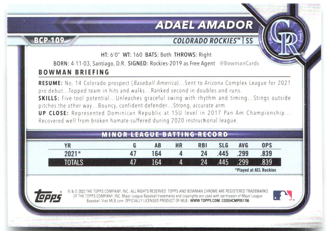Adael Amador Bowman - Chrome Prospects BCP-109 2022 Colorado Rockies