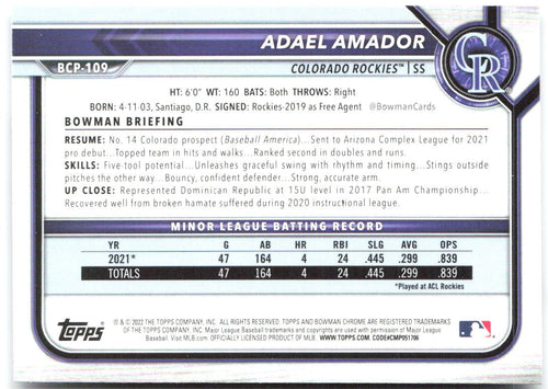 Adael Amador Bowman - Chrome Prospects BCP-109 2022 Colorado Rockies