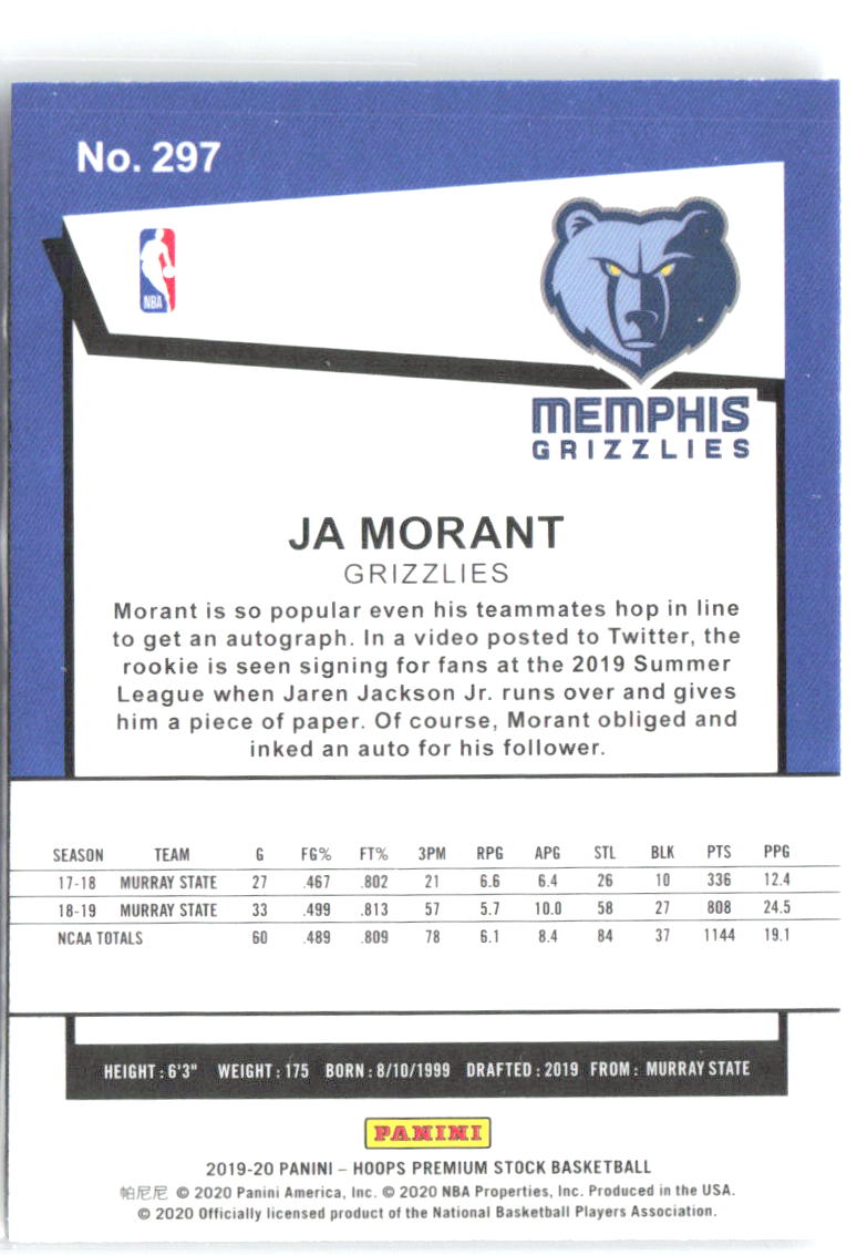 Ja Morant Hoops Premium Stock 297 2019-20 Memphis Grizzlies RC