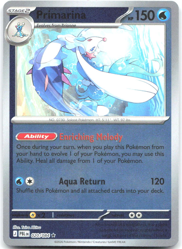 Primarina Reverse Holo Rare ME05 Pitch Black 020/084 NM Taira Akitsu