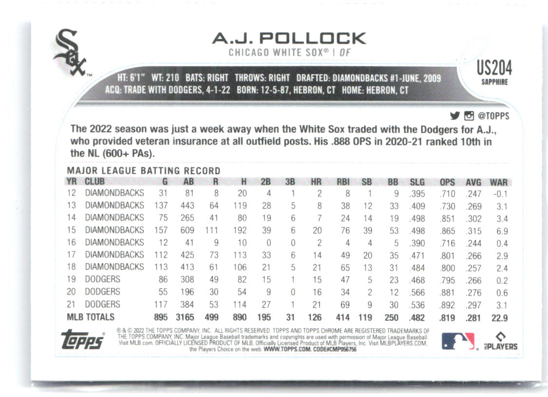A.J. Pollock Topps Chrome Update Sapphire Edition US204 2022 Chicago White Sox