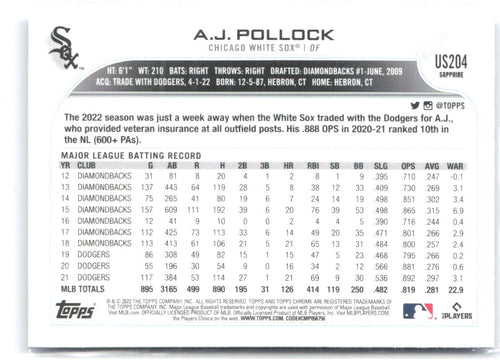 A.J. Pollock Topps Chrome Update Sapphire Edition US204 2022 Chicago White Sox