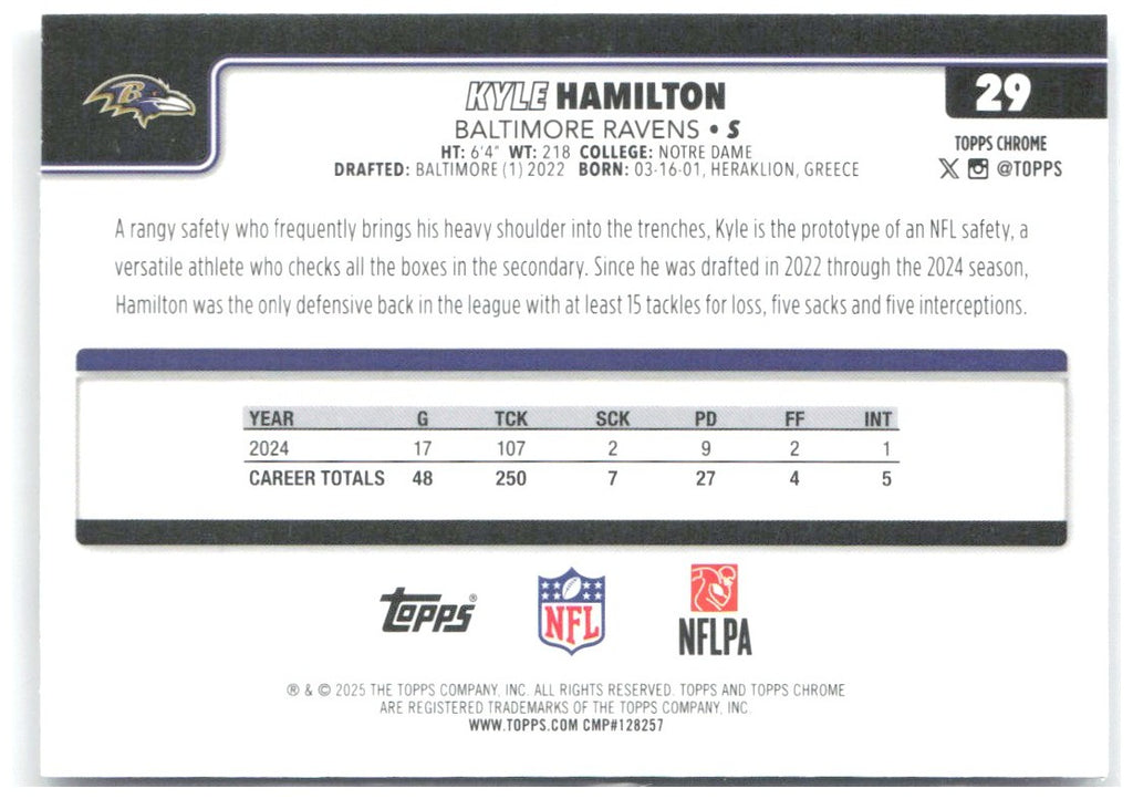 Kyle Hamilton Topps Chrome - Prism Refractor 29 2025 Baltimore Ravens