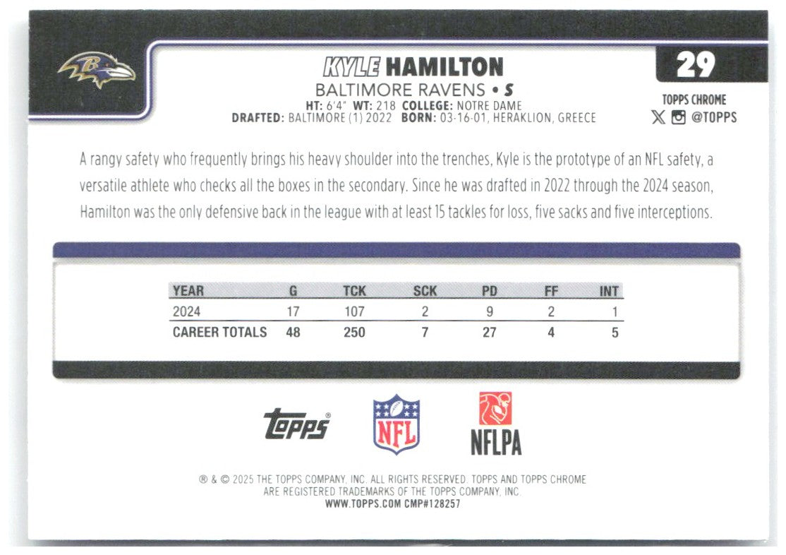 Kyle Hamilton Topps Chrome - Prism Refractor 29 2025 Baltimore Ravens