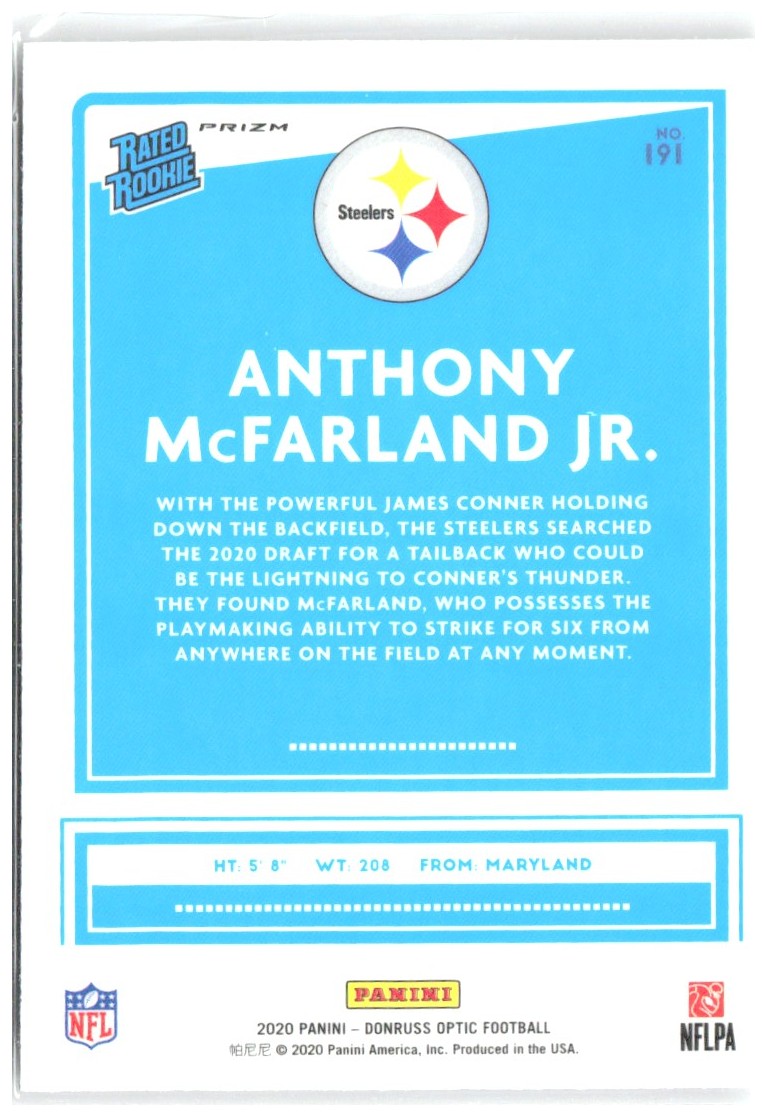Anthony McFarland Jr. Donruss Optic - Holo 191 2020 Pittsburgh Steelers