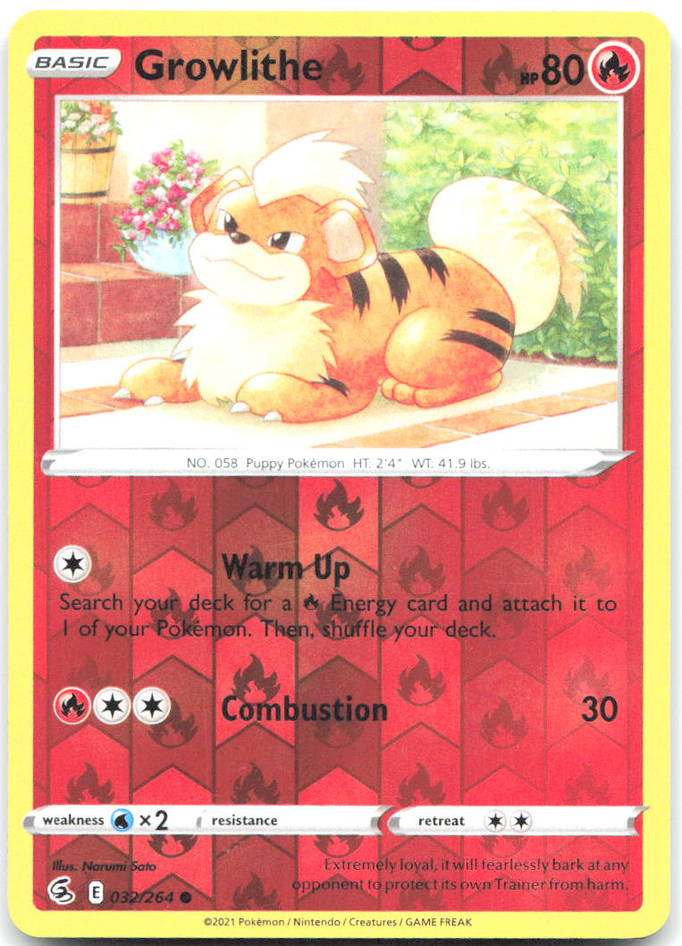 Growlithe Reverse Holo Common SWSH08 Fusion Strike 032/264 NM Narumi Sato