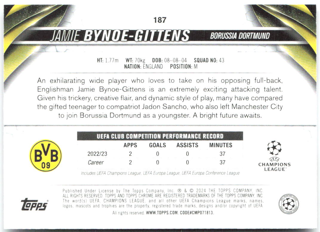 Jamie Bynoe-Gittens Topps Chrome UEFA Competitions 187 2023-24 Borussia Dortmund