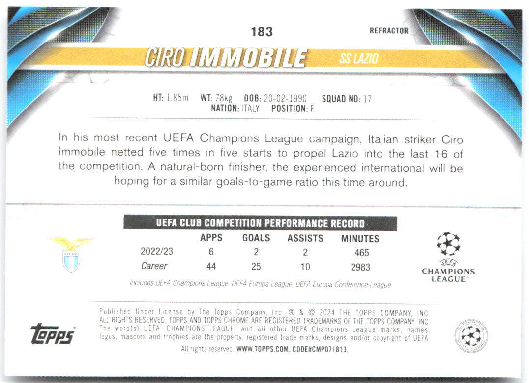 Ciro Immobile Topps Chrome UEFA Club Competitions 183 2023-24 Lazio