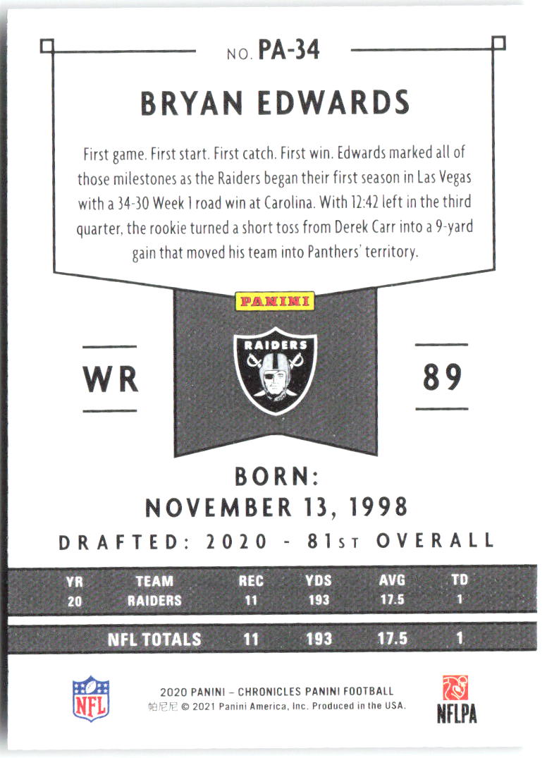 Bryan Edwards Panini Chronicles - Panini Green PA-34 2020 Las Vegas Raiders