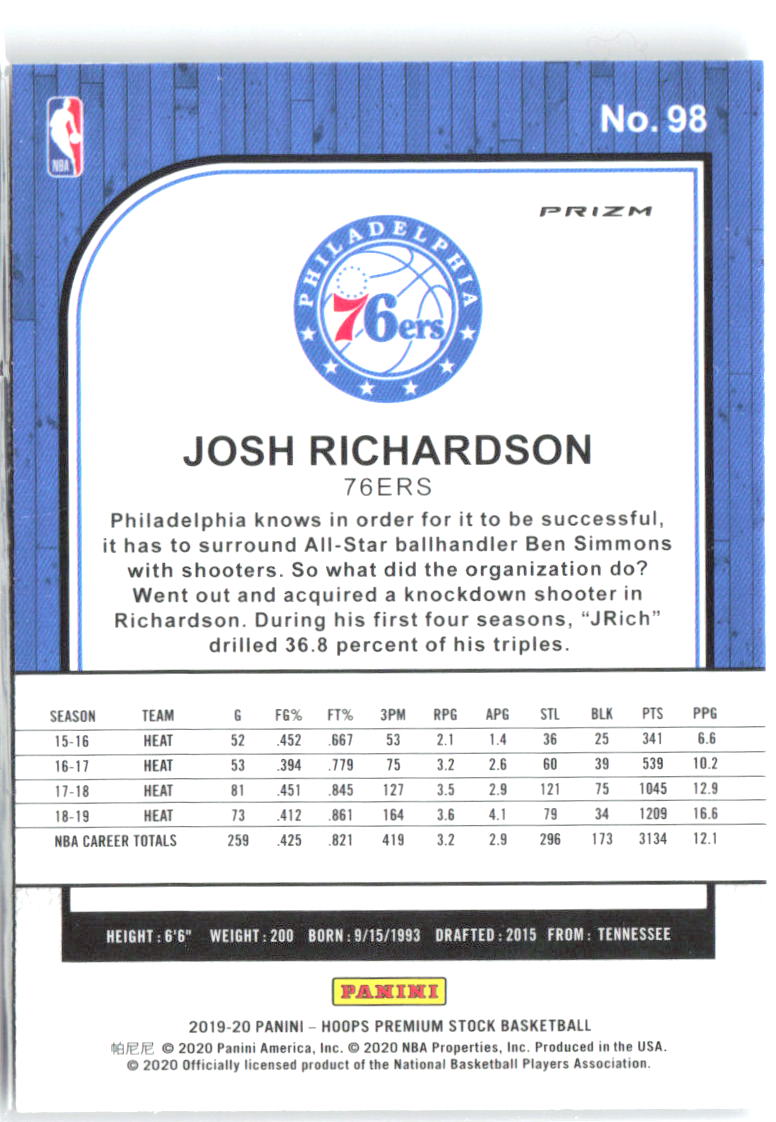Josh Richardson Hoops Premium Stock Prizms Silver 98 2019-20 Philadelphia 76ers