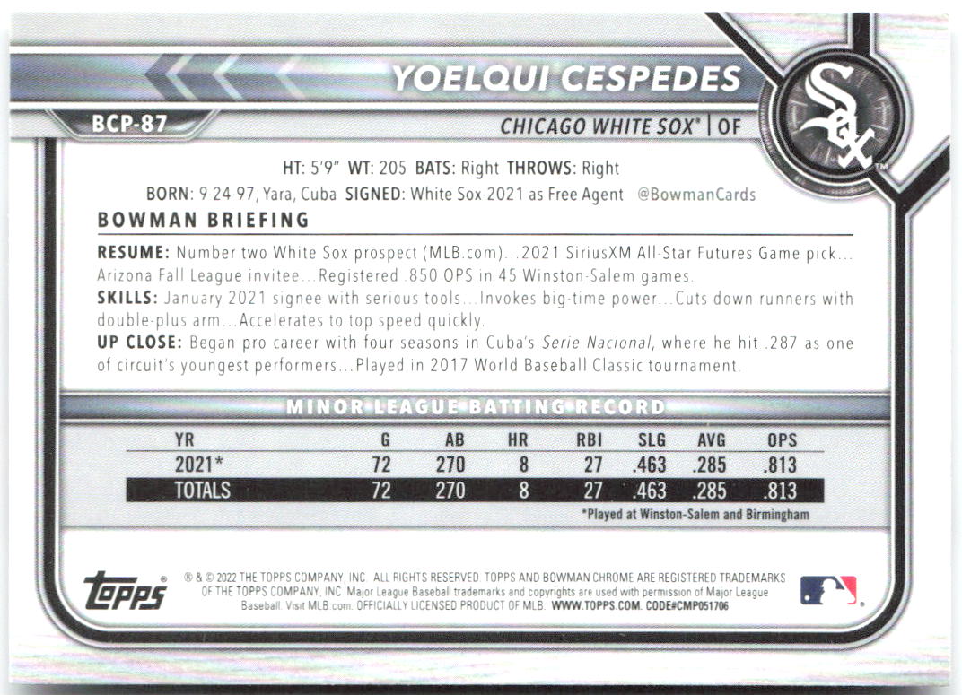 Yoelqui Cespedes Bowman - Chrome Prospects BCP-87 2022 Chicago White Sox