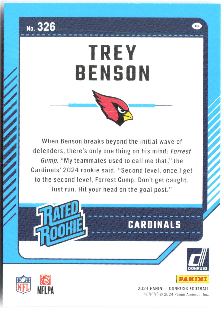 Trey Benson Donruss 326 2024 Arizona Cardinals RC