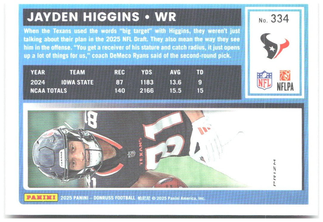 Jayden Higgins Donruss Optic Rated Rookies Preview Pink 334 2025 Houston Texans