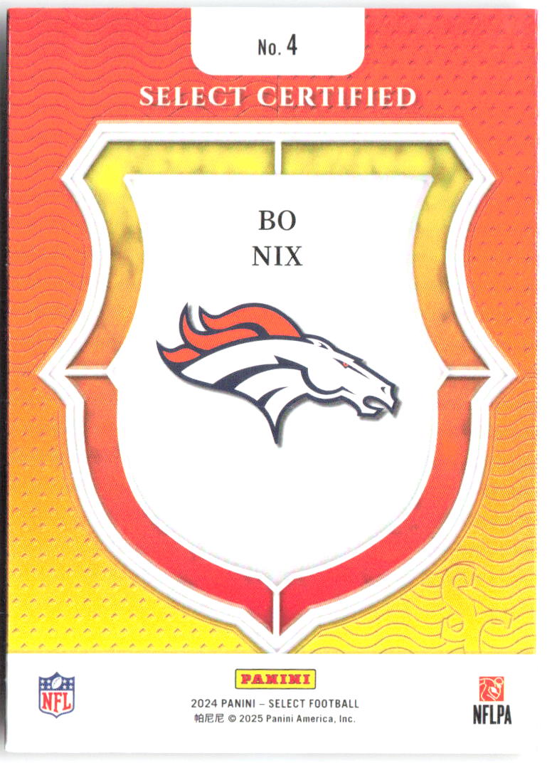 Bo Nix Panini Select - Select Certified Rookies 4 2024 Denver Broncos