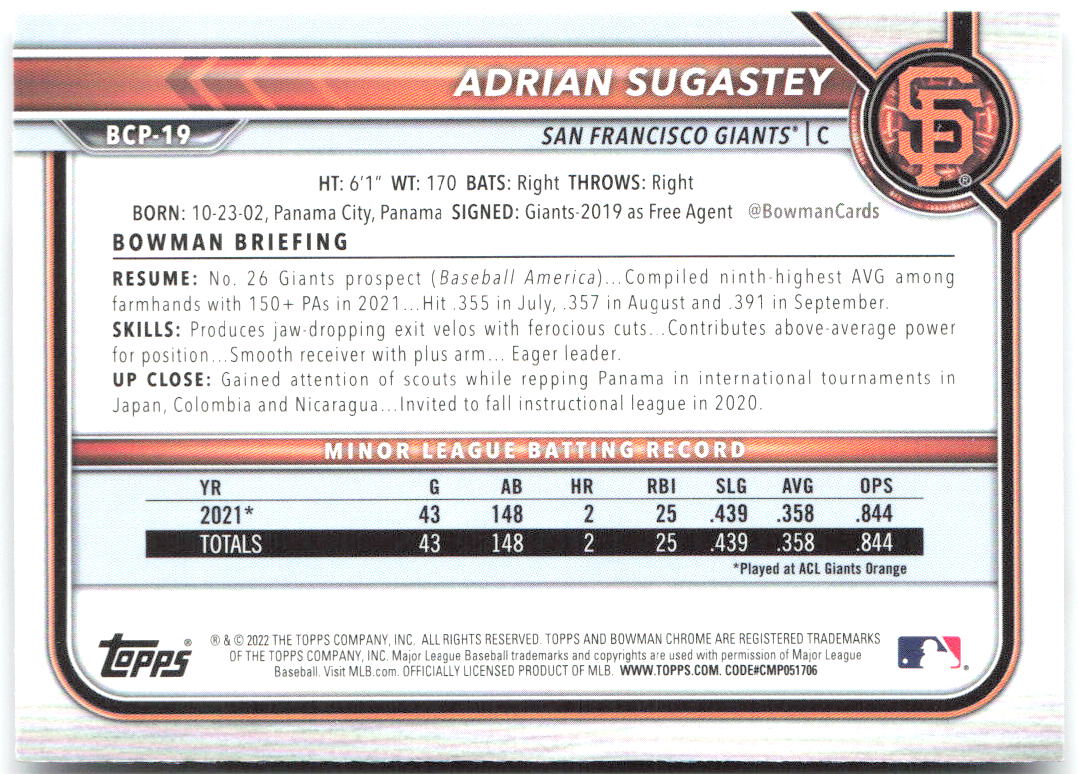 Adrian Sugastey Bowman - Chrome Prospects BCP-19 2022 San Francisco Giants