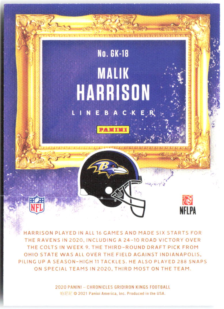 Malik Harrison Panini Chronicles - Gridiron Kings GK-18 2020 Baltimore Ravens