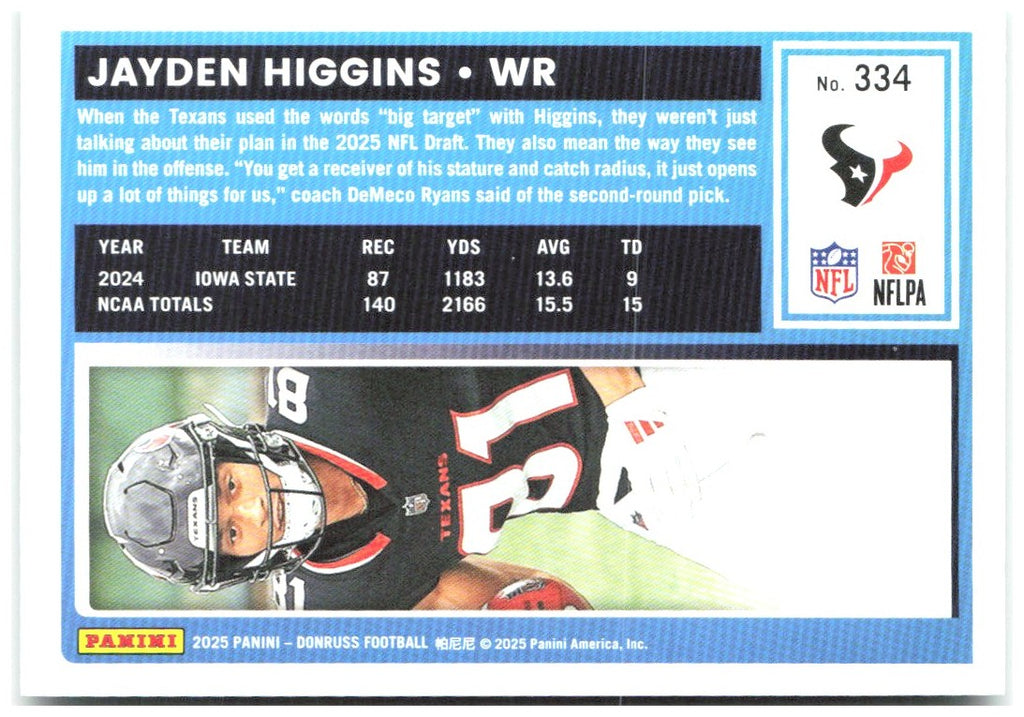 Jayden Higgins Donruss - Press Proofs Green 334 2025 Houston Texans