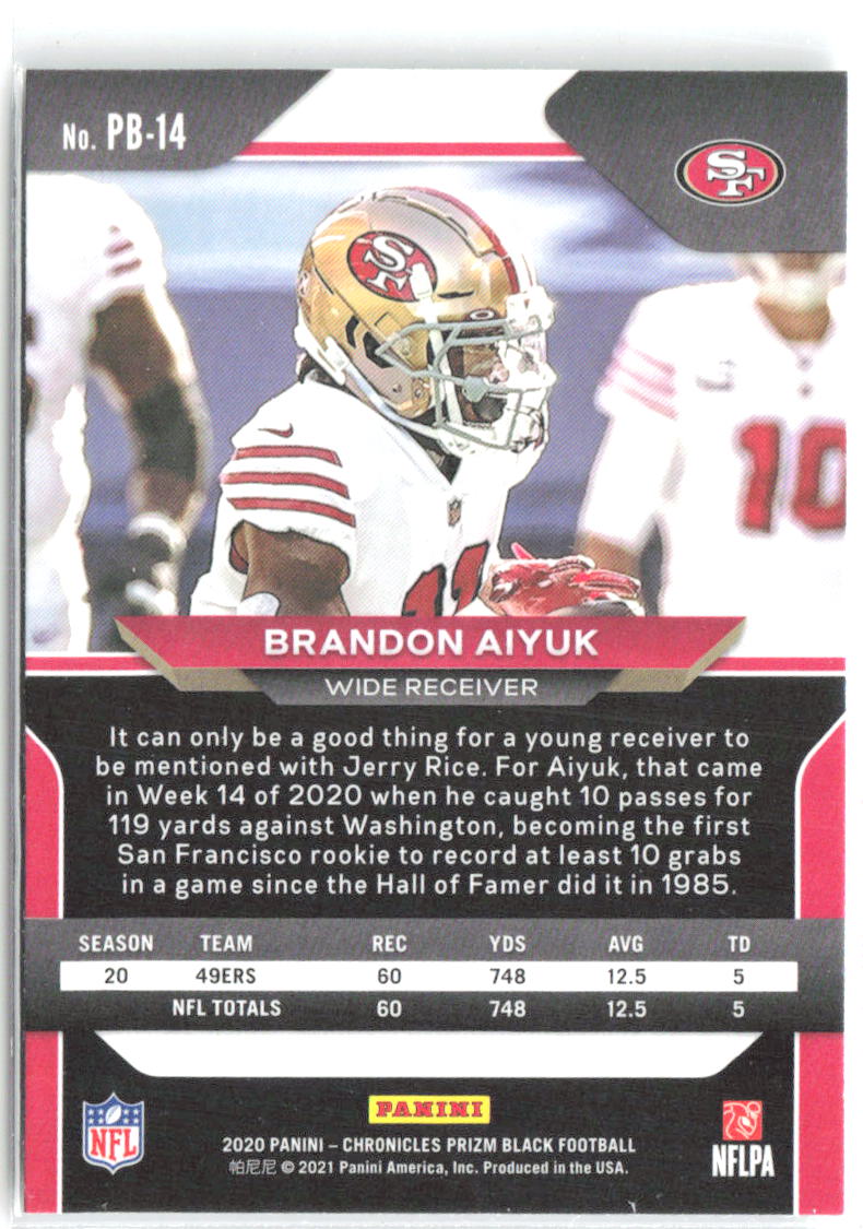 Brandon Aiyuk Panini Chronicles - Prizm Black PB-14 2020 San Francisco 49ers
