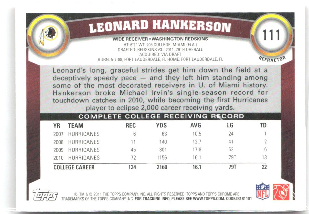 Leonard Hankerson Topps Chrome - Orange Refractors 111 2011 Washington Redskins