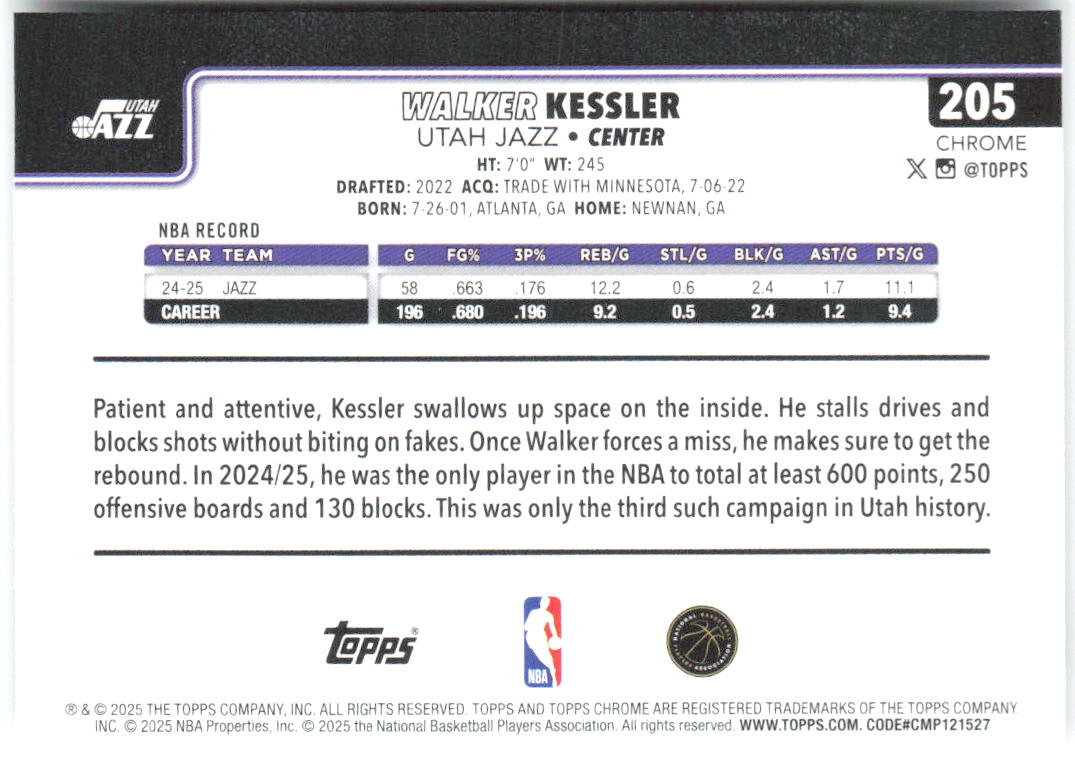 Walker Kessler Topps Chrome 205 2025-26 Utah Jazz