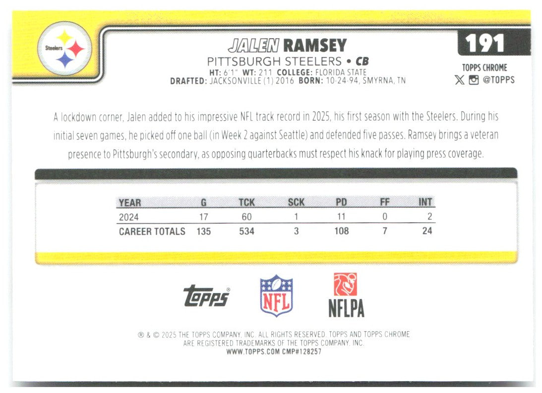Jalen Ramsey Topps Chrome - Pulsar Refractor 191 2025 Pittsburgh Steelers