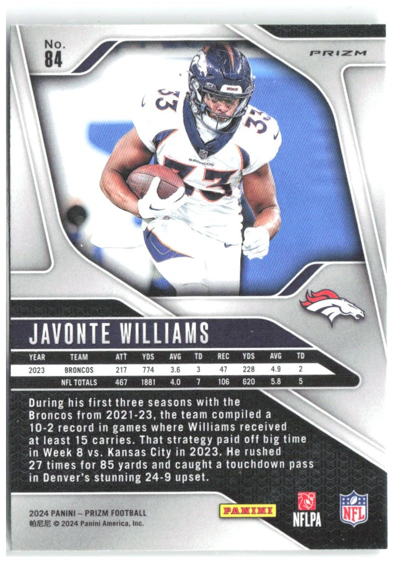 Javonte Williams Panini Prizm - Neon Green Pulsar 84 2024 Denver Broncos